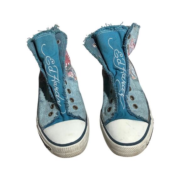 Ed Hardy Women’s Sneakers Size 9 — High Top, Denim, Tattoo Skull - Picture 1 of 6